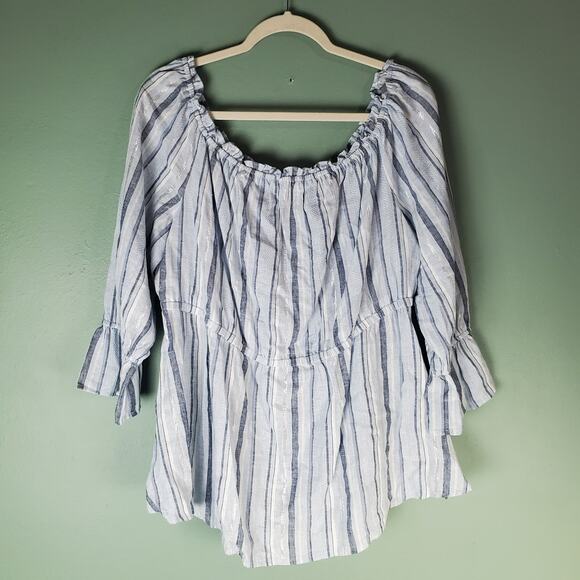 Lane Bryant Blue White Metallic Stripe Linen Blend Coastal Ruffle Top Size 18/20 - Picture 1 of 6